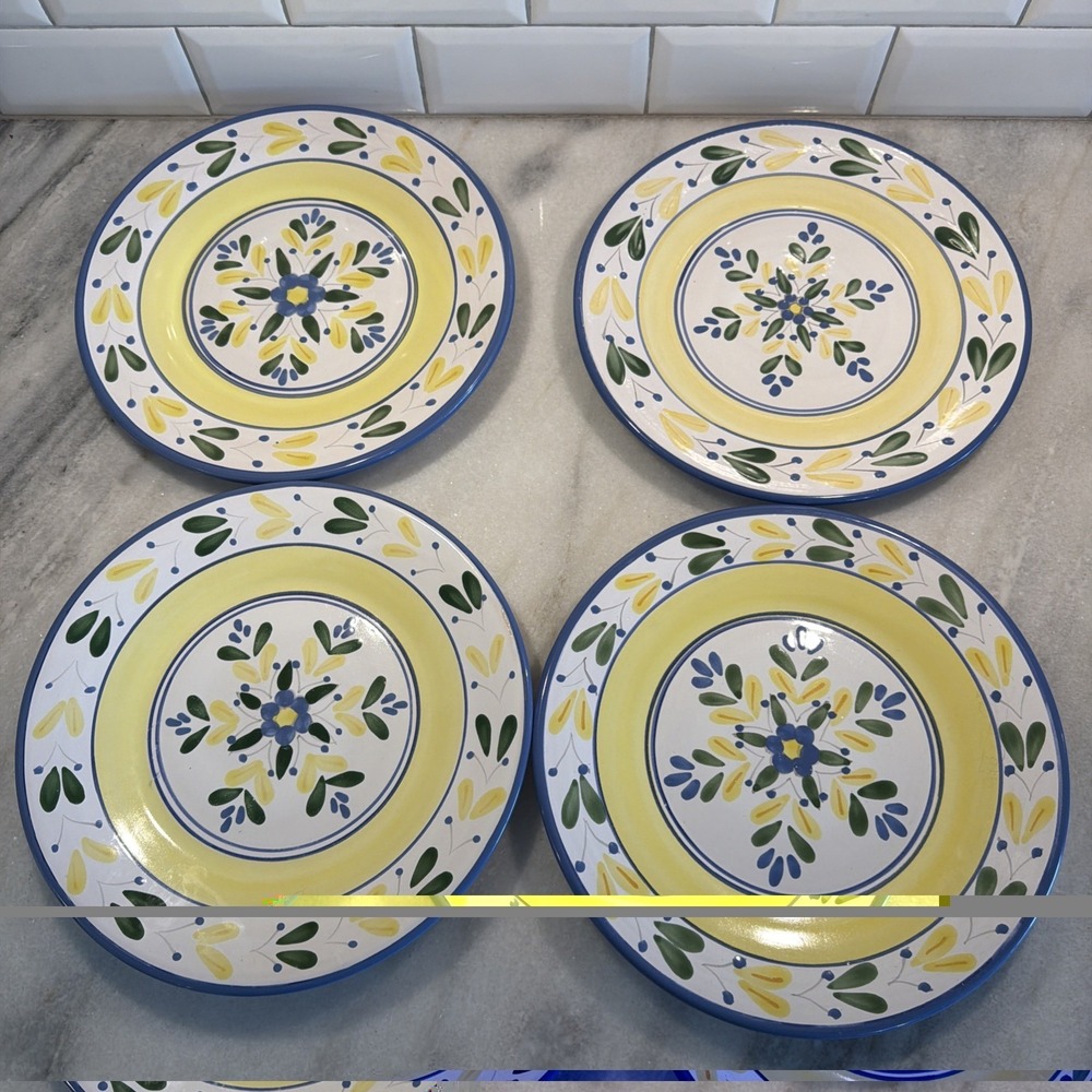 SET OF FOUR SOLIMAR PIER 1 POTTERY DINNER PLATES BLUE AND YELLOW Gw994